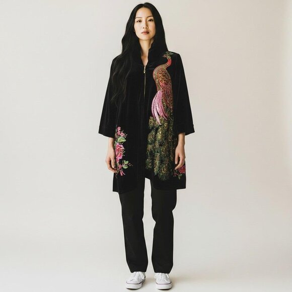 Vicky and Lukas Swing Coat Velvet Heavily Embroidered Peacock Floral Large - Picture 1 of 9